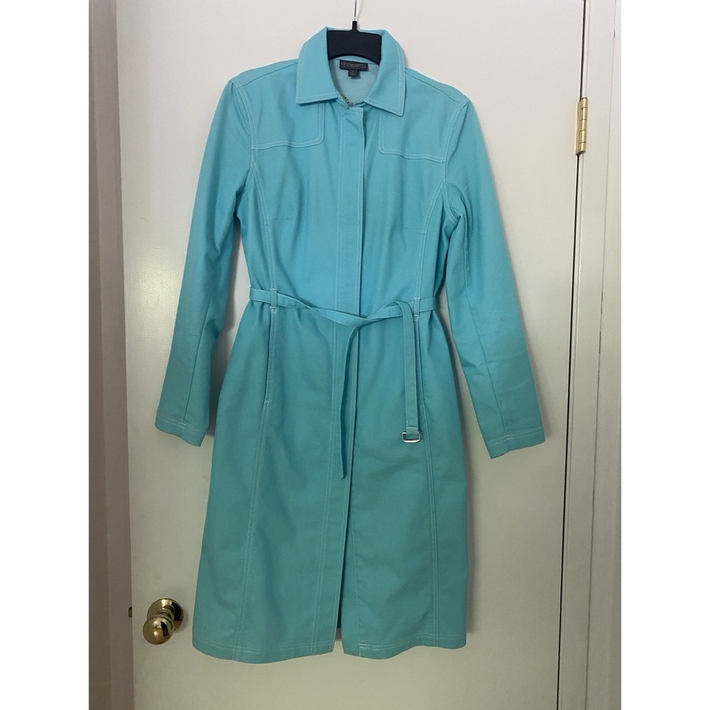 Classiques Entier Aqua Blue Zip-Front Trench Coat Women's Small Belted Cotton